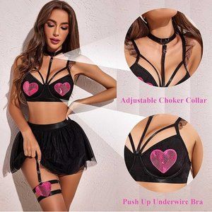 Black Underwire Bra and TUTU Skirt Garter Heart Lingerie Set